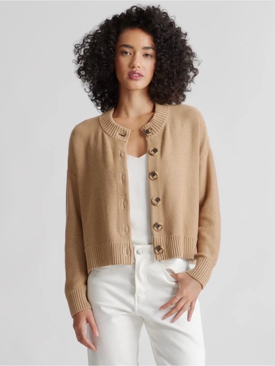 Quince Sweaters - Quince Cropped Tan Button-Up Knit Sweater Cardigan